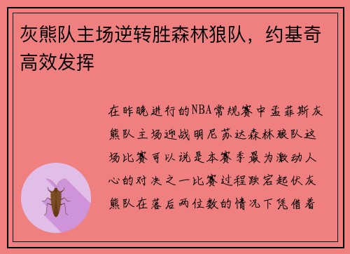 灰熊队主场逆转胜森林狼队，约基奇高效发挥